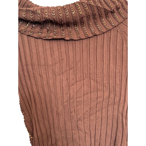 Caché Brown Cowl Neck Sweater Womens M Nylon/Rayon Ribbed Studded Detail Long Sl - Picture 5 of 7
